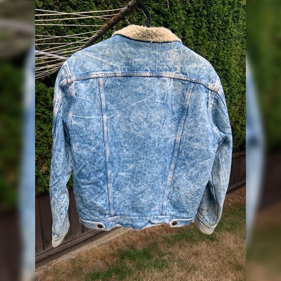 Vintage Acid-Wash Button-Down Coat - Jean Jacket - Denim Fleece Bomber, Men's 34 - Picture 2 of 8
